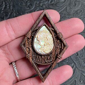 Medusa Mother of Pearl and Wood Pendant Bead Cabochon Mini Art